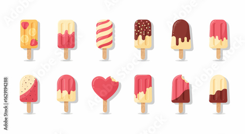 A colorful collection of twelve illustrated ice cream popsicles with various flavors and toppings.
