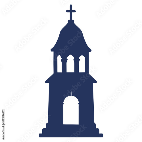 Silhouette of a dark blue church bell tower with a cross on top against a white background