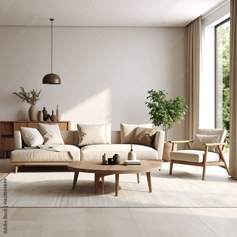 Fototapeta premium Minimalist living room with beige sectional sofa, wooden coffee table, and natural light