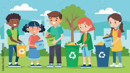 A group of students conducting a recycling drive in their neighborhood educating others on proper recycling techniques..