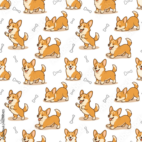 Cute Cartoon Corgi Dog Seamless Pattern with Bones