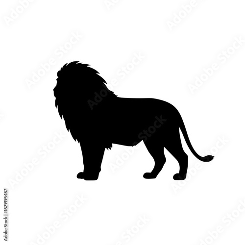 Majestic Silhouette: A formidable lion stands tall in a bold, black silhouette, capturing its regal posture and powerful presence. 