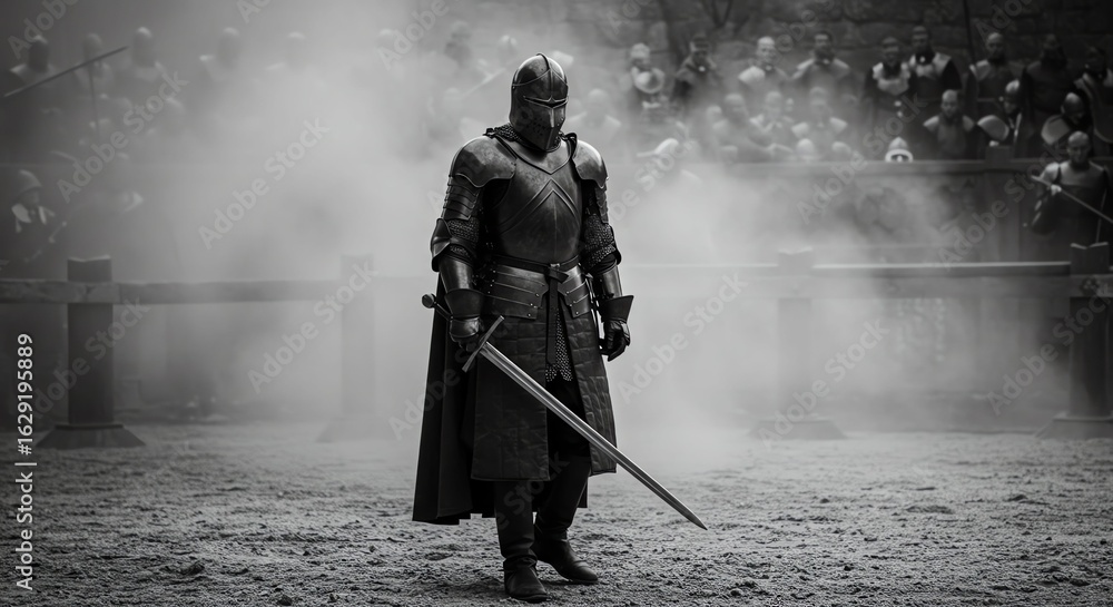 Fototapeta premium Knight in Black Armor Standing in Battlefield with Smoke and Audience in Background