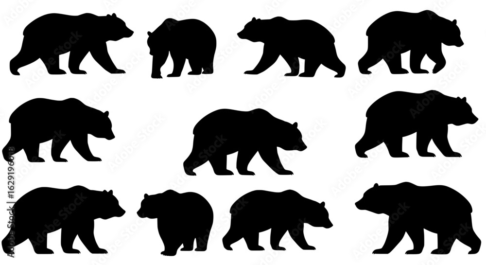 Fototapeta premium Bear Silhouettes: Dynamic silhouettes of bears in various poses create a striking visual impact, perfect for design applications, emphasizing strength and wildlife.