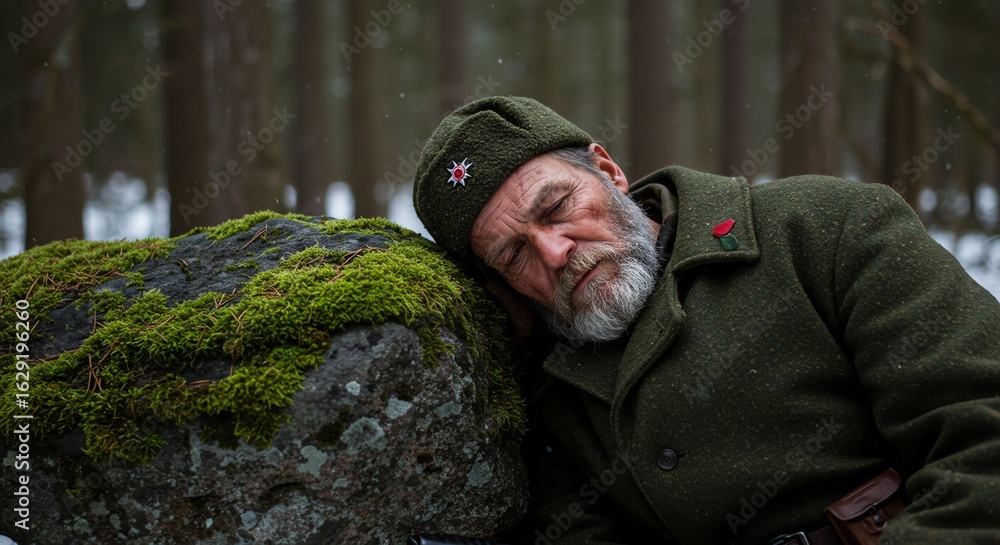 Obraz premium Elderly Man Sleeping Resting Head on Mossy Rock in Forest Cold Weather
