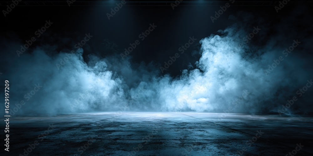 Fototapeta premium Ethereal Blue Smoke Billows Across a Dark, Spotlit Concrete Stage