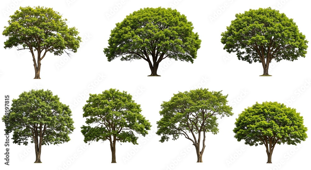Fototapeta premium Set of Seven Green Trees with Full Canopies on White Background
