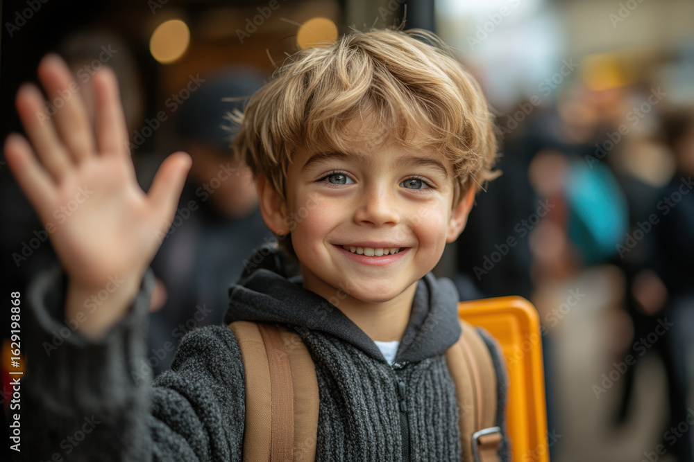 Young boy waving at camera. Young boy waving at camera.