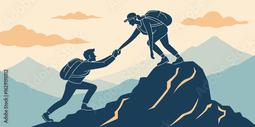 Hiker ascending a mountain in black and white silhouette vector design art