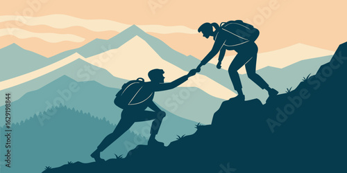 Hiker ascending a mountain in black and white silhouette vector design art