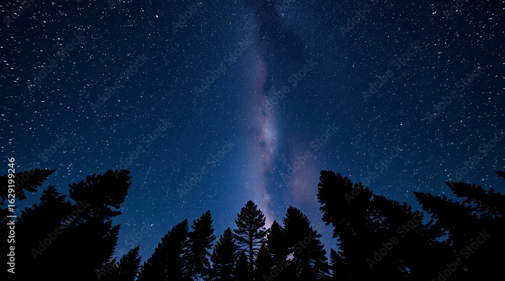 Fototapeta premium Tall pine silhouettes under vertical Milky Way column in clear starry night