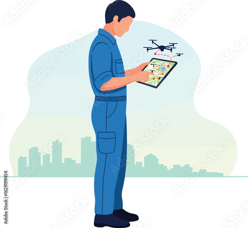 Man operating drone with tablet displaying flight path over city.