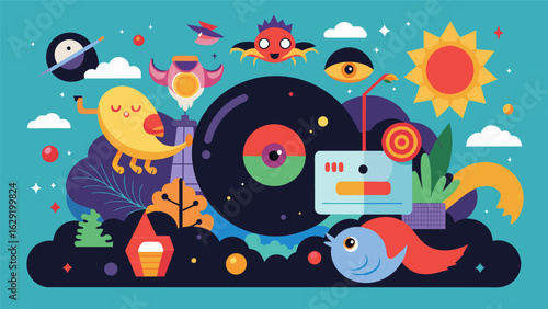 A record sleeve with a surreal and dreamlike design featuring a mixture of real and imaginary objects and creatures. Vector illustration