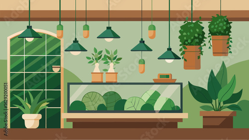 A lush green plant wall and hanging terrariums add a natural touch to this soft and earthy coffee shop..