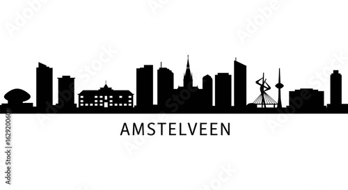 Amstelveen Skyline with Black Silhouette, and Netherlands.