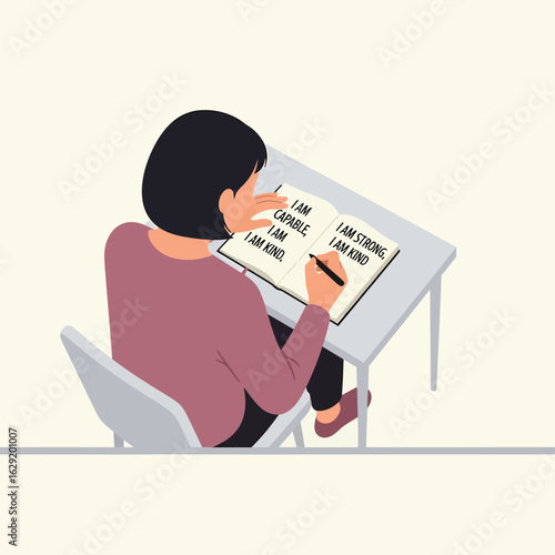 Person writing positive affirmations in a journal at a desk.