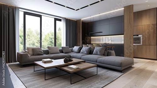 Wallpaper Mural A modern living room with a large gray sectional sofa, wooden coffee tables, floor-to-ceiling windows, dark cabinetry, and minimalist decor. Torontodigital.ca