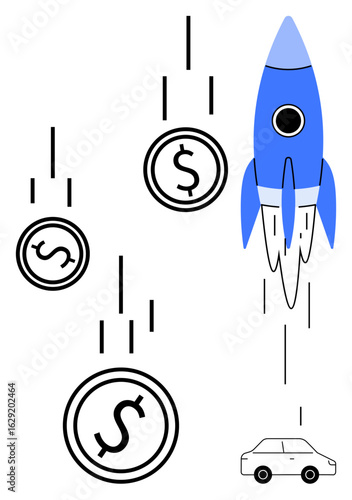 Blue rocket ascending alongside falling coins toward a car, representing innovation, financial growth, and cost efficiency. Ideal for business vision, investment, startup success, leadership