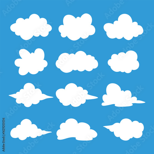 Cartoon White Cloud Icons, Flat Weather Clipart, Puffy Cloud Silhouette Set on Blue Background