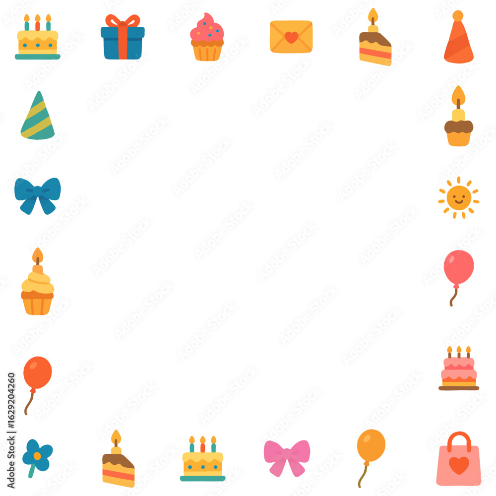Fototapeta premium Birthday Party Icon Border Illustration, Isolated Background. Celebration Frame with Cake, Balloons, and Decorations