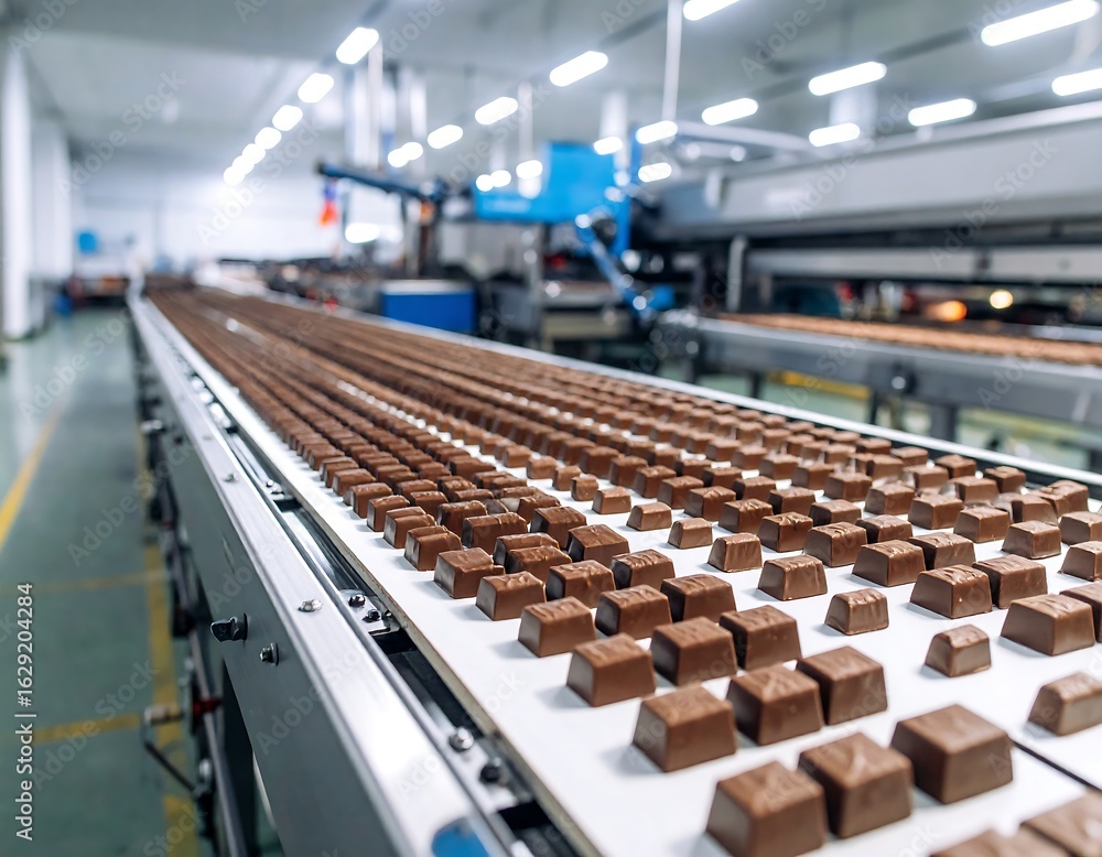 Fototapeta premium Chocolate squares on a factory conveyor belt