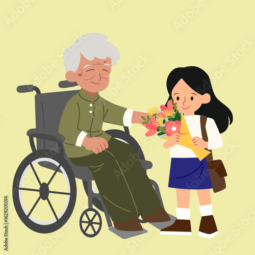 Vietnamese Child Giving Flowers to War Veterans Illustration