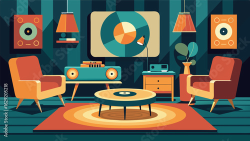 A highend lounge with a retro vibe featuring velvet wallpaper vintage record players and comfortable seating for guests to relax and listen to their Vector illustration