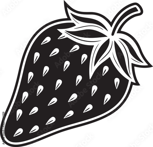 Stylized silhouette of a ripe strawberry with visible seeds and green leaves presented in a bold black and white graphic design