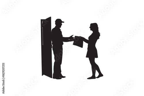 Silhouette of a delivery person handing a package to a woman at her doorstep representing a contactless delivery service and modern logistics