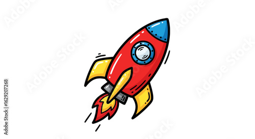 Cartoon illustration of a red rocket ship with yellow fins and blue nose, ascending with flames.