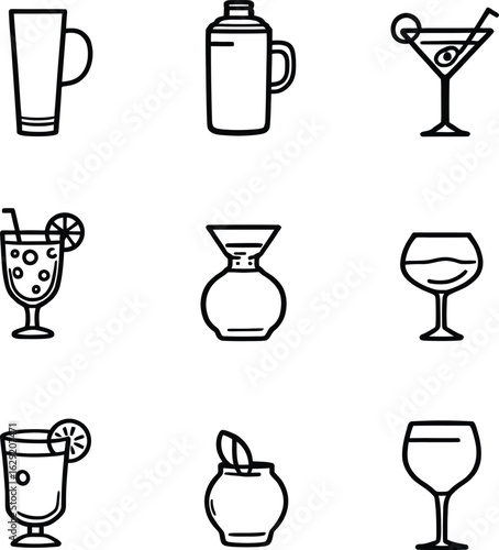 Minimalist Drinkware Icon Set: Martini Glasses, Cocktail Shaker, Pitcher, and Carafe  Elegant Line Art for Beverage  Bar Themes