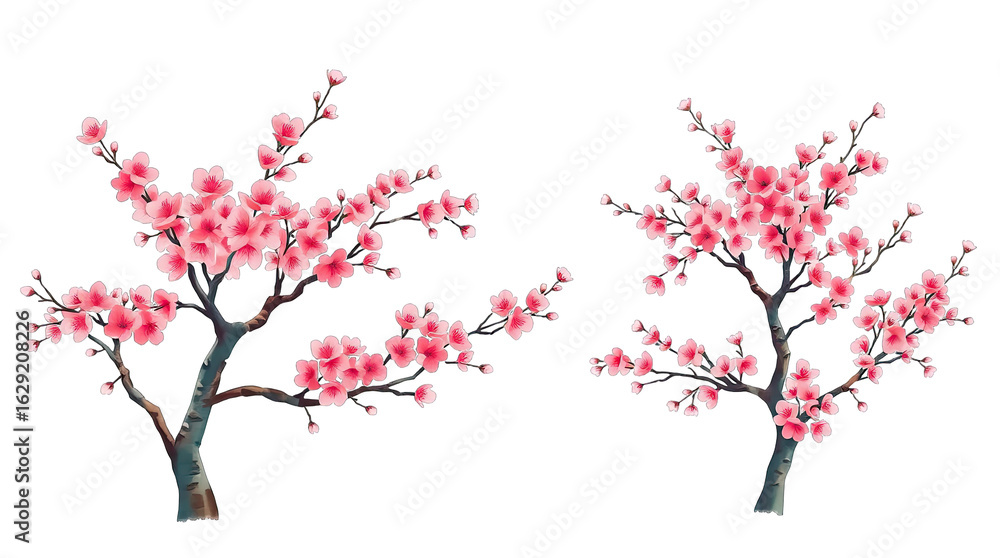 Fototapeta premium Two cherry trees are adorned with bright pink blossoms marking the arrival of spring in a peaceful outdoor garden. Nature thrives in this tranquil setting