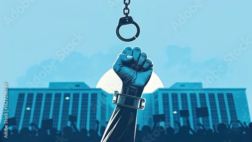 Powerful outstretched hand breaking free from handcuffs symbolizes liberation and resistance against oppression, inspiring hope and change