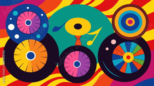 A collection of records with a tiedye effect utilizing a variety of colors to create a psychedelic and eyecatching design. Vector illustration