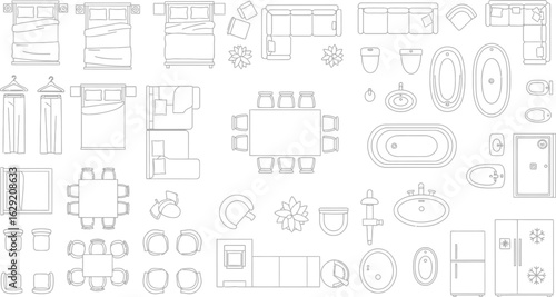Modern floor plan elements including beds, sofas, tables, and bathroom fixtures