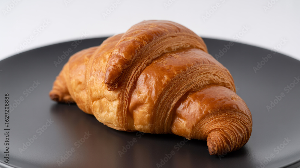 Fototapeta premium Golden brown flaky croissant pastry on a dark ceramic plate close up