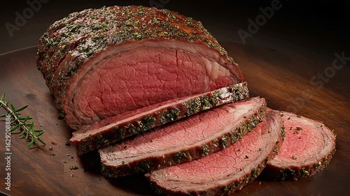 Sliced roast beef with herbs on wooden board