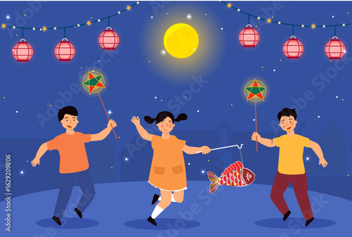 Vietnamese Children Carrying Lanterns Under the Moonlight Illustration