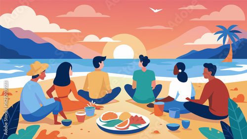 A group of friends sitting on a beach passing around a platter of fresh seafood and fruit as they watch the sunset..