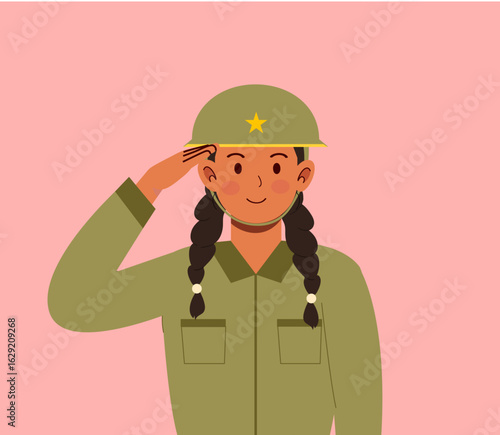 Female Vietnamese Soldier Saluting the Flag Illustration