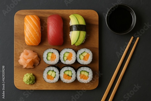 Elegant Assorted Sushi Platter on Black Slate Background. Top View Sushi Dinner.