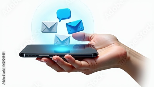 Hand holding smartphone with glowing digital messages and speech bubble