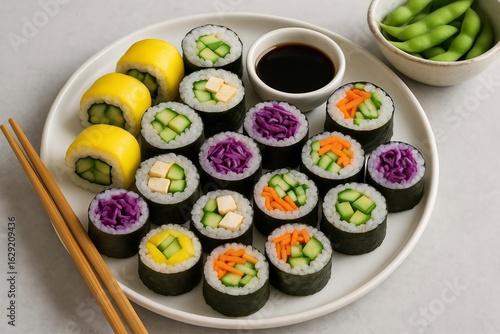 Vegan Sushi Platter with Mango, Tofu, and Fresh Vegetables on Ceramic Plate.