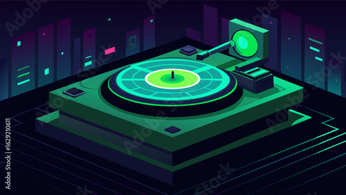 A futuristic record player that glows neon green in the dark exhibited in a dimlylit room with neon accents. Vector illustration