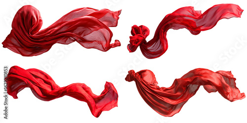 Set of flying red silk fabric elements isolated on a transparent background