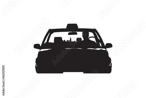 Silhouette of a classic yellow taxi cab viewed from the front with a driver inside against a stark white background symbolizing urban transportation and city life