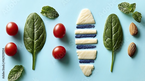 Healthy food flatlay cheese, spinach, tomatoes, almonds, blue background
