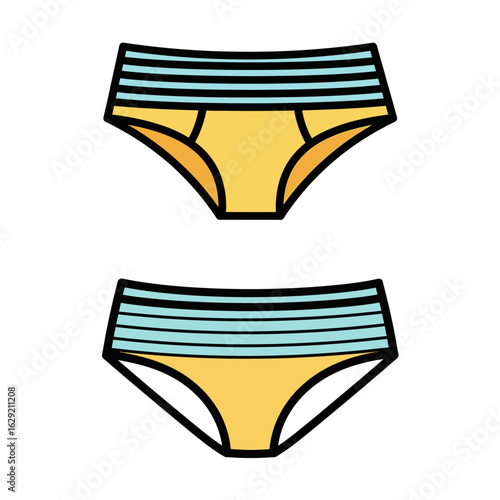 Two pairs of yellow briefs with light blue striped waistbands outlined in black