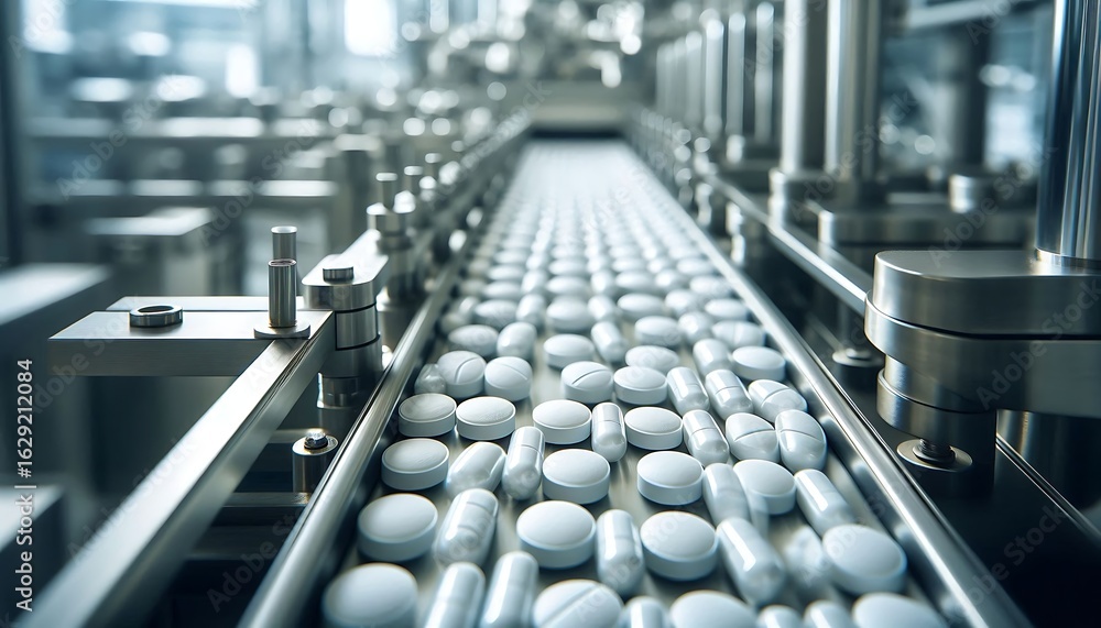 Fototapeta premium On a sterile pharmaceutical production line, identical white pills move along a stainless-steel conveyor belt. 