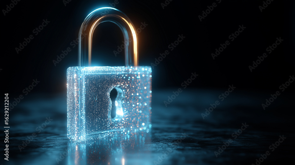 Fototapeta premium Glowing Transparent Digital Lock on Dark Background, Digital Security Concept